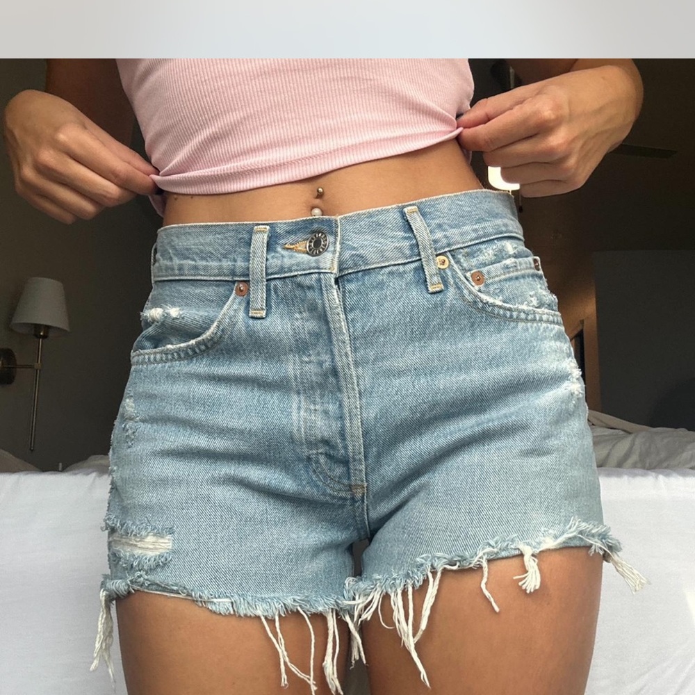 Agolde Light Blue Distressed Jean Shorts